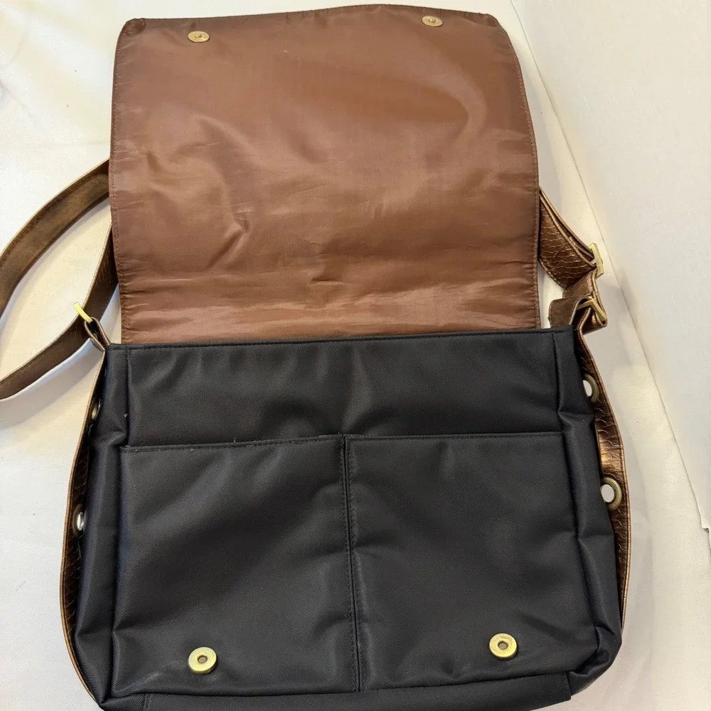 Y2K Messenger Bag Black Bronze Nylon Faux Croc Trim Grommet Detail Naturalizer